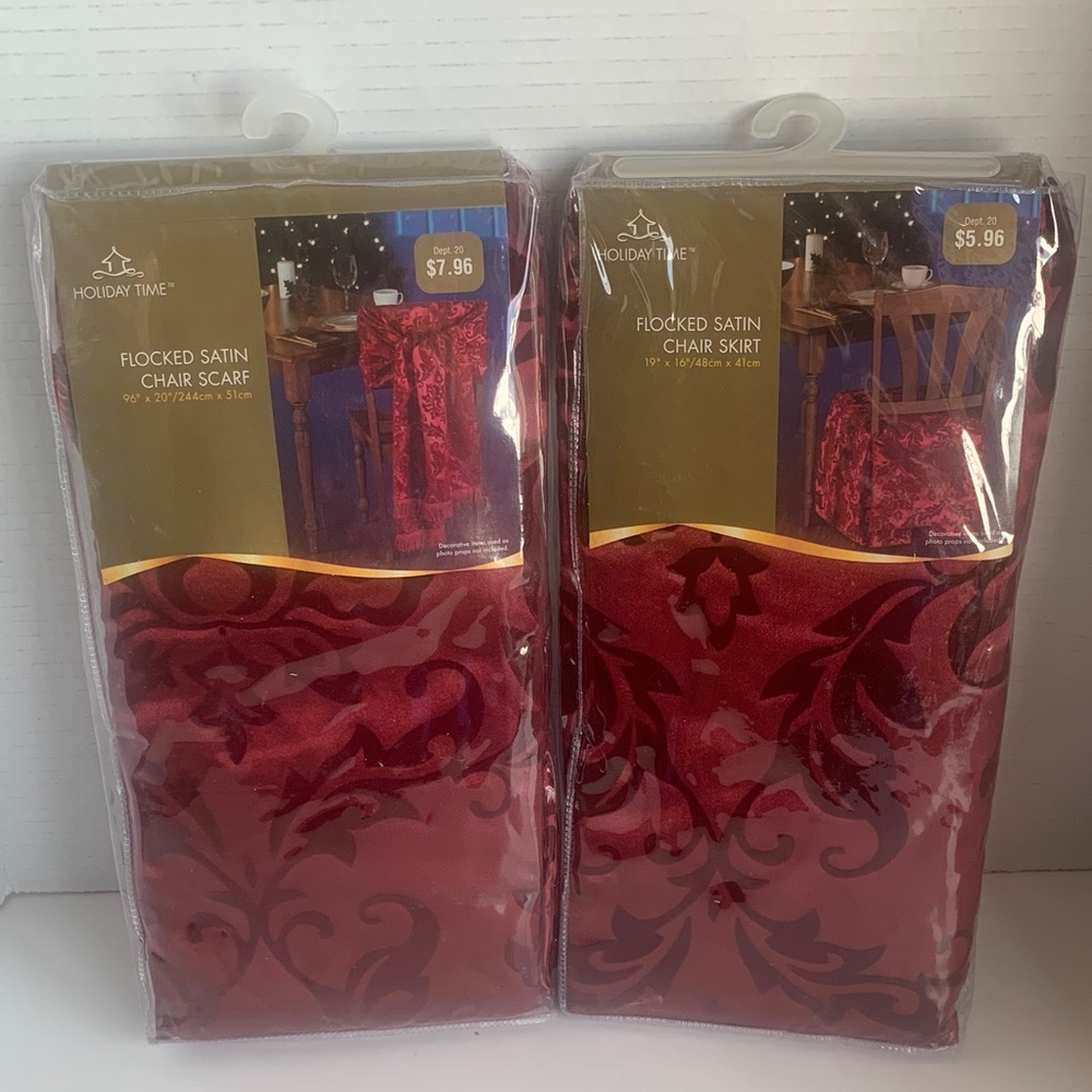 Holiday Time Burgundy Red Wine  Flocked Satin Chair Skirt & Chair Scarf NIP